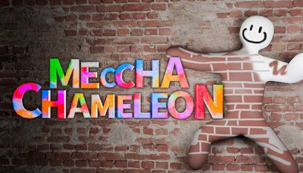 MECCHA CHAMELEON logo on a brick wall with a camouflaged character
