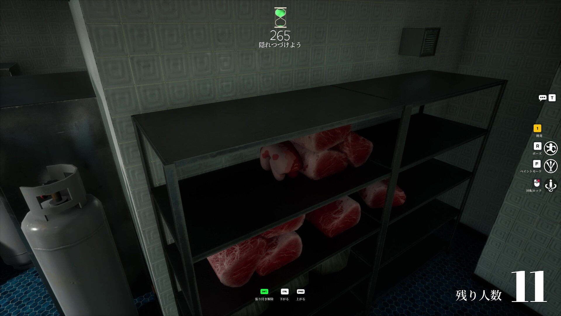 A MECCHA CHAMELEON Hider painted like a cut of meat, hiding on a kitchen shelf among real meat props